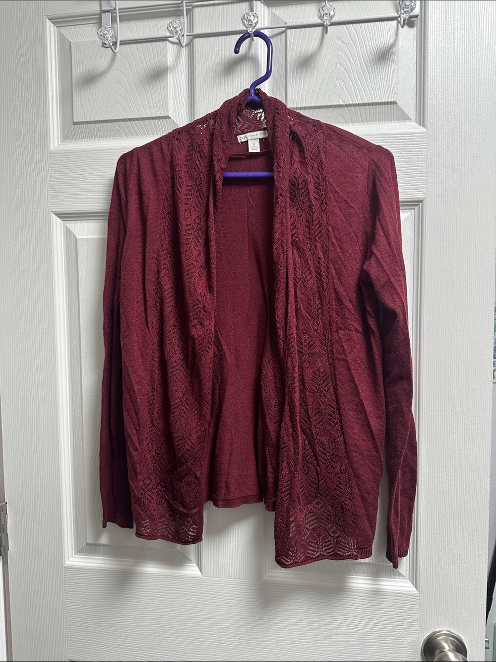 Cato Open-Front Lace-Trim Cardigan - Burgundy